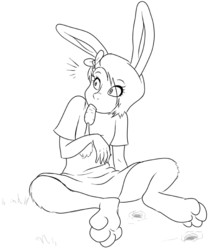 Size: 735x879 | Tagged: safe, artist:dj-black-n-white, oc, oc only, oc:cottonball, satyr, carrot, food, implied bestiality, monochrome, offspring, parent:rabbit, solo