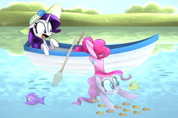 Size: 1520x1009 | Tagged: safe, artist:siggie740, pinkie pie, rarity, fish, g4, boat, grin, lake