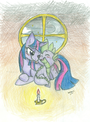 Size: 1916x2592 | Tagged: safe, artist:banami-luv, spike, twilight sparkle, g4, female, male, mama twilight, pseudoincest, ship:twispike, shipping, spikelove, straight, traditional art