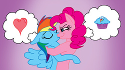 Size: 1568x876 | Tagged: safe, artist:teygrim, pinkie pie, rainbow dash, earth pony, pegasus, pony, fanfic:cupcakes, g4, cupcake, eyes closed, female, food, kiss on the lips, kissing, lesbian, mare, ship:pinkiedash, shipping, this will end in tears