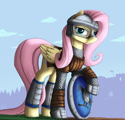 Size: 1912x1840 | Tagged: safe, artist:dipfanken, fluttershy, pegasus, pony, g4, armor, banner, castle, crossover, female, helmet, mare, mount and blade, shield, solo