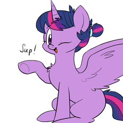 Size: 512x512 | Tagged: safe, artist:shiiran, twilight sparkle, alicorn, pony, g4, alternate hairstyle, female, looking at you, mare, one eye closed, one word, raised hoof, solo, twilight sparkle (alicorn)
