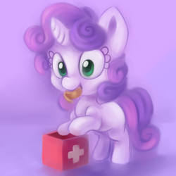 Size: 2000x2000 | Tagged: safe, artist:lilfunkman, sweetie belle, pony, g4, colored pupils, cute, diasweetes, female, first aid, gradient background, high res, mouth hold, purple background, simple background, solo