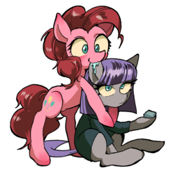 Size: 1644x1676 | Tagged: safe, artist:akomaru, boulder (g4), maud pie, pinkie pie, g4, cute, drool, ear bite, female, pixiv, siblings, simple background, sisters, sitting, white background