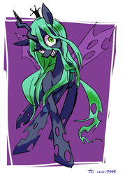 Size: 500x700 | Tagged: safe, artist:akomaru, queen chrysalis, changeling, changeling queen, g4, crown, female, jewelry, mare, pixiv, regalia, solo