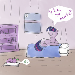 Size: 1600x1600 | Tagged: safe, artist:slowter1134, spike, twilight sparkle, g4, bed, pillow, sleeping