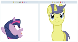 Size: 466x251 | Tagged: safe, comet tail, twilight sparkle, derpibooru, g4, female, juxtaposition, male, meta, ship:cometlight, shipping, straight