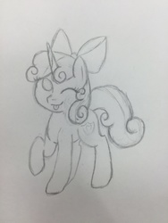 Size: 960x1280 | Tagged: safe, artist:sugarwings-art, sweetie belle, g4, :p, bow, female, hair bow, monochrome, pencil drawing, sketch, solo, tongue out, traditional art, wink