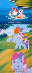 Size: 478x1080 | Tagged: safe, screencap, sun shower, sweet stuff, water lily (g1), earth pony, pony, sea pony, g1, my little pony 'n friends, sweet stuff and the treasure hunt, bow, bully, bullying, polo, subtitles, tail bow