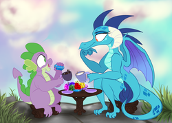 Size: 2100x1500 | Tagged: safe, artist:hellnosorrynotsorry, princess ember, spike, dragon, g4, dragoness, duo, female, gem, male, ship:emberspike, shipping, straight, tea party