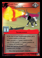 Size: 358x500 | Tagged: safe, enterplay, lord tirek, pinkie pie, g4, marks in time, my little pony collectible card game, ccg, merchandise, pun, quote