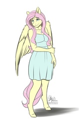 Size: 1267x1920 | Tagged: safe, artist:fairdahlia, fluttershy, anthro, unguligrade anthro, g4, clothes, dress, female, solo