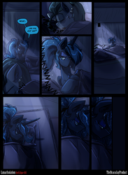 Size: 3000x4091 | Tagged: safe, artist:dracojayproduct, princess luna, oc, oc:willow, comic:lunar isolation, g4, blanket, comic, high res, pillow, sleeping
