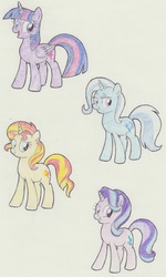 Size: 770x1280 | Tagged: safe, artist:chocolatechippi, starlight glimmer, sunset shimmer, trixie, twilight sparkle, alicorn, pony, g4, counterparts, female, magical quartet, mare, traditional art, twilight sparkle (alicorn), twilight's counterparts