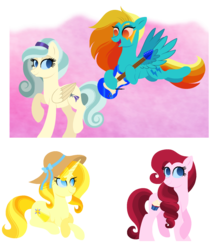 Size: 1397x1620 | Tagged: safe, artist:carouselunique, oc, oc only, oc:lightning bug, oc:morning glory, oc:rosetta velvet pie, oc:sparkling dawn, magical lesbian spawn, next generation, offspring, parent:lightning dust, parent:pinkie pie, parent:prince blueblood, parent:rainbow dash, parent:rarity, parent:thunderlane, parents:rainbowdust, parents:rarilane, parents:raripie, parents:sunblood