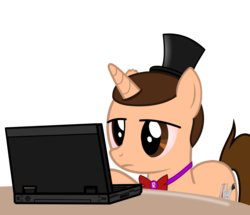 Size: 1398x1200 | Tagged: safe, artist:cyberapple456, oc, oc only, oc:tech sketch, pony, unicorn, bowtie, computer, hat, horn, laptop computer, roblox, simple background, solo, tired, top hat, transparent background