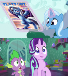 Size: 640x720 | Tagged: safe, artist:pshyzomancer, edit, edited screencap, screencap, spike, starlight glimmer, trixie, pony, unicorn, g4, no second prances, the crystalling, 2 panel comic, bedroom eyes, c:, comic, cute, female, image macro, lesbian, looking at you, mare, meme, playpony, ship:startrix, shipping, smiling, trixie's poster, varying degrees of want