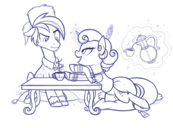Size: 1000x739 | Tagged: safe, artist:stasysolitude, pony, unicorn, coffee, goldie o'gilt, monochrome, ponified, scrooge mcduck, shipping, the life and times of scrooge mcduck