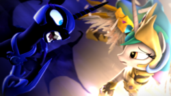 Size: 1920x1080 | Tagged: safe, artist:argodaemon, nightmare moon, princess celestia, g4, 3d, feather, fight, growling