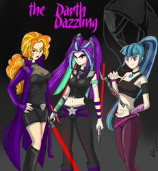 Size: 3052x3300 | Tagged: safe, artist:evanzblack, adagio dazzle, aria blaze, sonata dusk, human, g4, belly button, boots, clothes, crossover, frown, high res, humanized, jacket, lightsaber, midriff, sith, smirk, star wars, the dazzlings, weapon