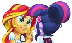 Size: 1000x596 | Tagged: safe, artist:mentalmongloid, sci-twi, sunset shimmer, twilight sparkle, equestria girls, g4, my little pony equestria girls: friendship games, eye reflection, female, glasses off, lesbian, reflection, ship:sci-twishimmer, ship:sunsetsparkle, shipping, simple background, transparent background