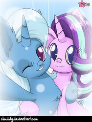 Size: 602x800 | Tagged: safe, artist:clouddg, starlight glimmer, trixie, pony, unicorn, g4, no second prances, best friends, bff, chest fluff, cute, diatrixes, duo, female, glimmerbetes, hug, impossibly large ears, lesbian, mare, one eye closed, selfie, ship:startrix, shipping, side hug, signature, wink