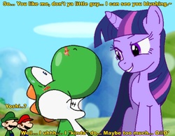 Size: 1014x788 | Tagged: safe, artist:airwolf-animatronic, twilight sparkle, yoshi, g4, bedroom eyes, blushing, crack shipping, crossover, crossover shipping, dialogue, luigi, male, mario, shipping, super mario bros., yoshilight