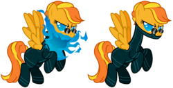 Size: 6673x3384 | Tagged: safe, artist:catzrul2, artist:morningstorm, oc, oc only, oc:solar flare, oc:supernova, pegasus, pony, absurd resolution, blue fire, bodysuit, fire, mute, poison joke, simple background, sunglasses, superhero, transparent background, vector