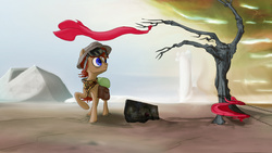 Size: 2870x1614 | Tagged: safe, artist:aaronmk, oc, oc only, pony, fallout equestria, barbed wire, dead tree, grand pegasus enclave, saddle bag, sand storm, tree