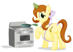 Size: 12600x9000 | Tagged: safe, artist:xniclord789x, oc, oc only, oc:caroline, absurd resolution, apron, belly, butt, clothes, looking at you, magic, oven, plot, pregnant, simple background, solo, stove, transparent background