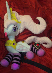 Size: 535x750 | Tagged: artist needed, safe, princess celestia, alicorn, pony, princess molestia, g4, cake, cakelestia, clothes, food, irl, photo, plushie, socks, solo, striped socks, tongue out