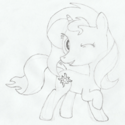 Size: 1079x1079 | Tagged: safe, artist:renardprower, sunset shimmer, pony, g4, female, looking at you, monochrome, pencil drawing, raised hoof, rough sketch, simple background, smiling, solo, traditional art, white background, wink, wip