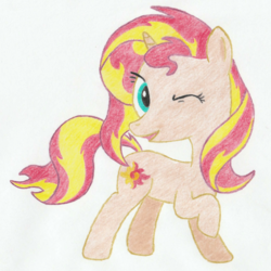 Size: 1079x1081 | Tagged: safe, artist:renardprower, sunset shimmer, pony, unicorn, g4, colored, colored pencil drawing, female, looking at you, pencil drawing, raised hoof, simple background, smiling, solo, traditional art, white background, wink