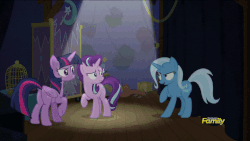 Size: 960x540 | Tagged: safe, screencap, starlight glimmer, trixie, twilight sparkle, alicorn, pony, g4, no second prances, animated, counterparts, discovery family logo, female, magical trio, mare, pointing, twilight sparkle (alicorn), twilight's counterparts