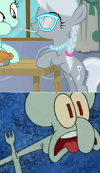 Size: 392x676 | Tagged: safe, silver spoon, earth pony, pony, g4, on your marks, animation error, female, filly, fork, male, meme, mouth hold, naughty nautical neighbors, spongebob squarepants, squidward tentacles