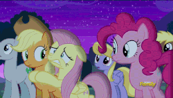 Size: 960x540 | Tagged: safe, screencap, applejack, cherry cola, cherry fizzy, cloud kicker, coco crusoe, fluttershy, lucky clover, pinkie pie, earth pony, pegasus, pony, g4, no second prances, animated, discovery family logo, female, gif, male, mare, scared, shivering, stallion