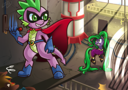 Size: 1131x800 | Tagged: safe, artist:vavacung, mane-iac, spike, comic:taming the mane-iac, g4, my little pony: friendship is magic, power ponies (episode), fanfic art, humdrum costume, patreon, power ponies, story included