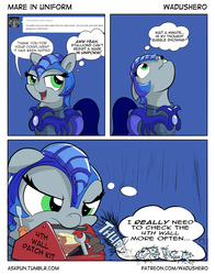 Size: 1000x1275 | Tagged: safe, artist:wadusher0, oc, oc:pun, earth pony, pony, agent 707, ask, comic, fourth wall, night guard, toolbox, tumblr