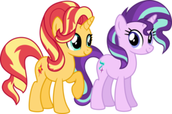 Size: 5057x3350 | Tagged: safe, artist:osipush, starlight glimmer, sunset shimmer, pony, unicorn, g4, absurd resolution, alternate hairstyle, counterparts, inkscape, looking at each other, mane swap, raised hoof, simple background, transparent background, twilight's counterparts, vector