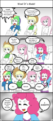 Size: 650x1485 | Tagged: safe, artist:acesrockz, applejack, fluttershy, pinkie pie, rainbow dash, equestria girls, g4, carrying, clothes, comic, cowboy hat, dialogue, eyes closed, hat, open mouth, paper, speech bubble, stack, stetson, talking, tank top