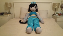 Size: 5312x2988 | Tagged: safe, artist:bigsexyplush, artist:somethingaboutoctavia, octavia melody, saddle arabian, anthro, g4, anthro plushie, bed, bedroom eyes, belly, belly button, belly dancer, clothes, costume, crossover, disney, doll, female, hat, high res, irl, midriff, outfit, photo, plushie, princess jasmine, shitposting, solo, thunder thighs, toy, wide hips