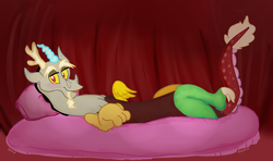 Size: 1213x718 | Tagged: dead source, safe, artist:discorcl, discord, g4, bed, curtains, draw me like one of your french girls, lying down, male, on back, seductive pose, solo, tongue out