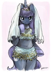 Size: 1024x1418 | Tagged: safe, artist:kuzumori, princess luna, anthro, g4, belly button, belly dancer, bikini, bipedal, clothes, cosplay, costume, female, fursuit, horn, horn jewelry, jewelry, midriff, skimpy, solo, swimsuit, veil