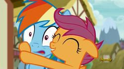 Size: 1279x715 | Tagged: safe, screencap, rainbow dash, scootaloo, g4, newbie dash, discovery family logo, hug