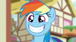 Size: 1682x936 | Tagged: safe, screencap, rainbow dash, pegasus, pony, g4, newbie dash, season 6, cute, dashabetes, discovery family logo, face, faic, female, funny, grin, happy, mare, smiling