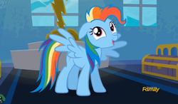 Size: 2447x1431 | Tagged: safe, screencap, rainbow dash, g4, newbie dash, behaving like pinkie pie, discovery family logo, dynamic dash, impressions