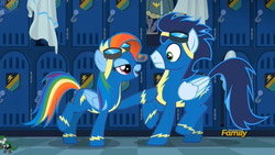 Size: 2519x1423 | Tagged: safe, screencap, rainbow dash, soarin', pegasus, pony, g4, newbie dash, discovery family logo, duo, female, impressions, male, mare, rainbow fash, stallion, wonderbolts uniform