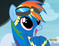 Size: 1849x1431 | Tagged: safe, screencap, rainbow dash, pegasus, pony, g4, newbie dash, cute, dashabetes, dilated pupils, discovery family logo, female, goggles, grin, happy, mare, open mouth, wide eyes, wingless, wonderbolts uniform
