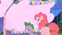 Size: 2519x1415 | Tagged: safe, screencap, pinkie pie, spike, pony, g4, newbie dash, butt, cotton candy, discovery family logo, female, food, mare, plot, unamused