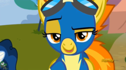 Size: 930x519 | Tagged: safe, screencap, spitfire, g4, newbie dash, discovery family logo, lidded eyes, raised eyebrow, wonderbolts uniform